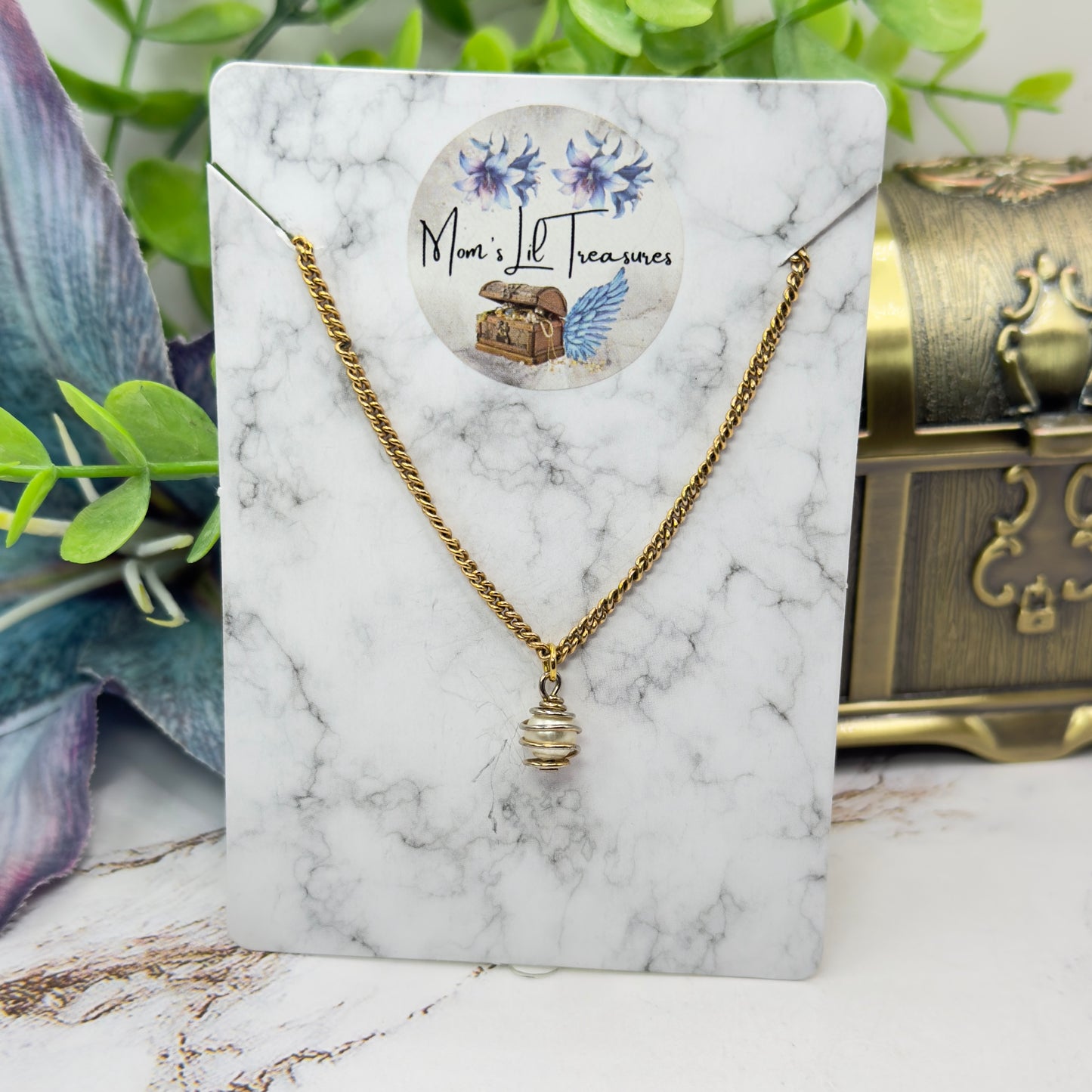 Swirl Wire Wrapped Cage Pearl Drop Charm Gold Doll Necklace • 18 Inch Fashion Doll Jewelry