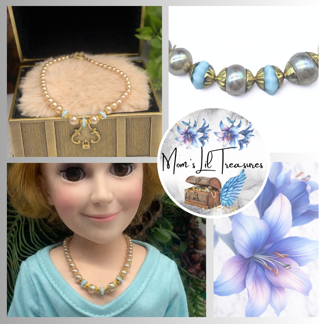 Pearl & Baby Blue Glass Bead Doll Necklace for 18-22” Vintage Doll Jewelry
