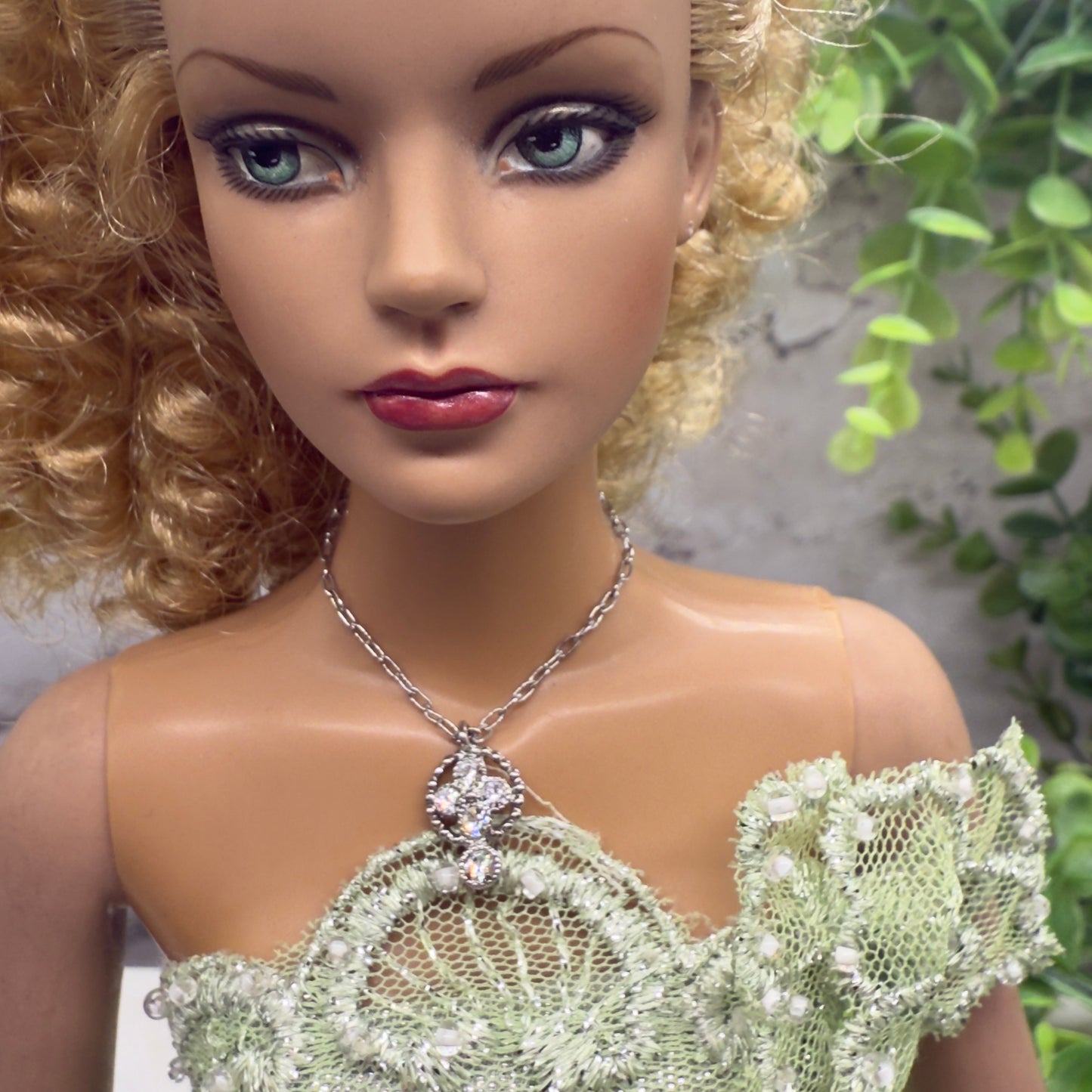 Rhinestone Round Drop Pendant Silver Chain Doll Necklace • 16” Doll Jewelry