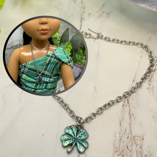 Four Leaf Clover Luck Green Enamel Silver Pendant Doll Necklace • 18 Inch Fashion Doll Jewelry