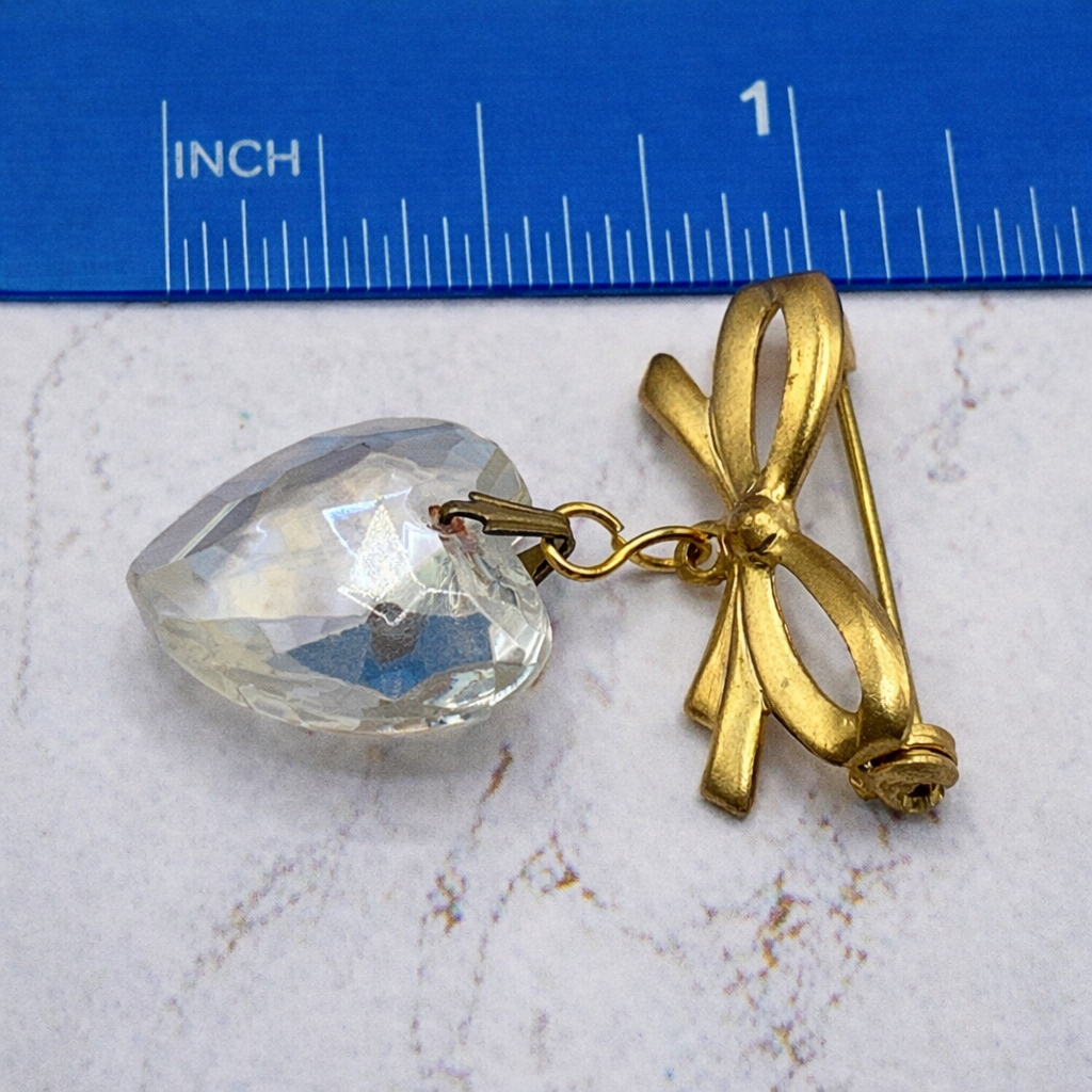 Clear Glass Heart Pendant Gold Tone Bow Pin • Doll Brooch