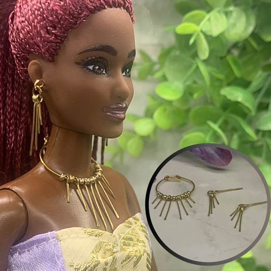 Gold Tone Multi Dangle Necklace Earring Set • 10-12” 1:6 Doll Jewelry