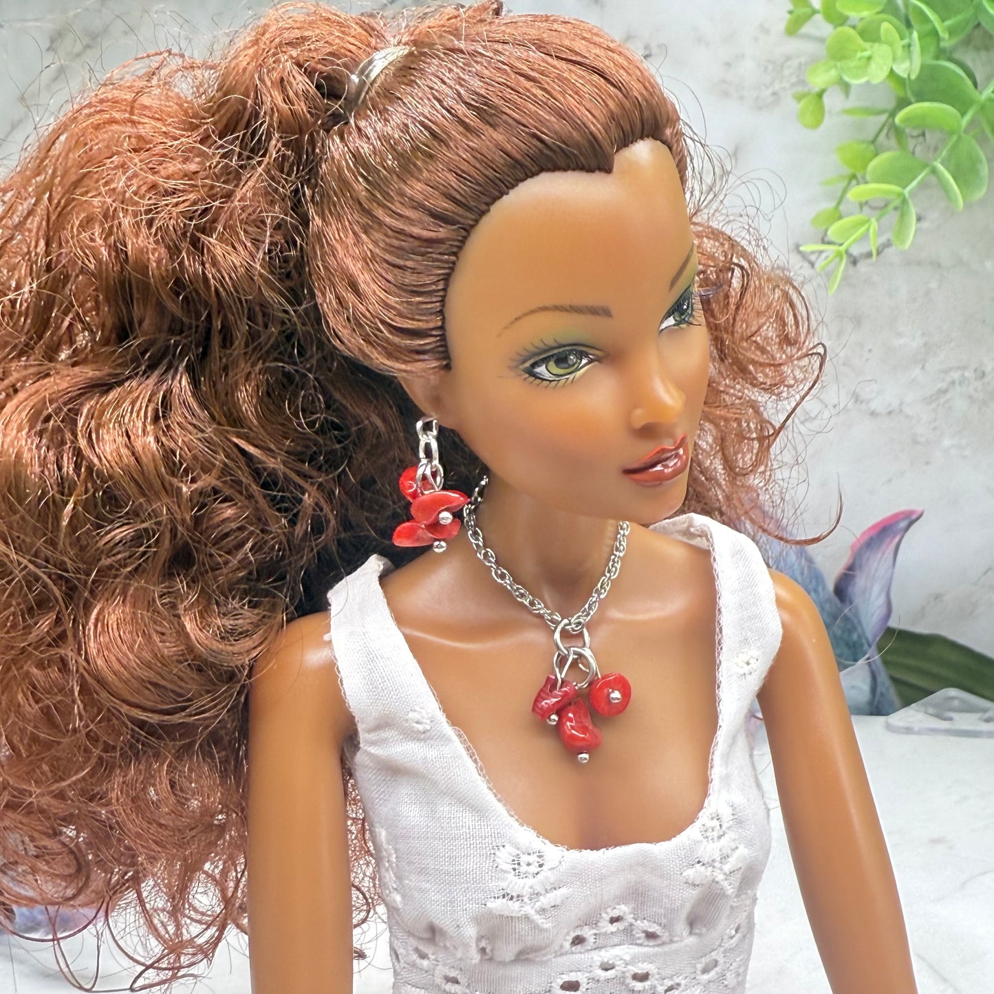 Red Stone Chip Dangle Doll necklace & Earrings • 16 Inch Fashion Doll Jewelry