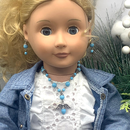 Blue Glass Bead Silver Angel Wings Pendant Necklace Earring Set 18” Doll Jewelry