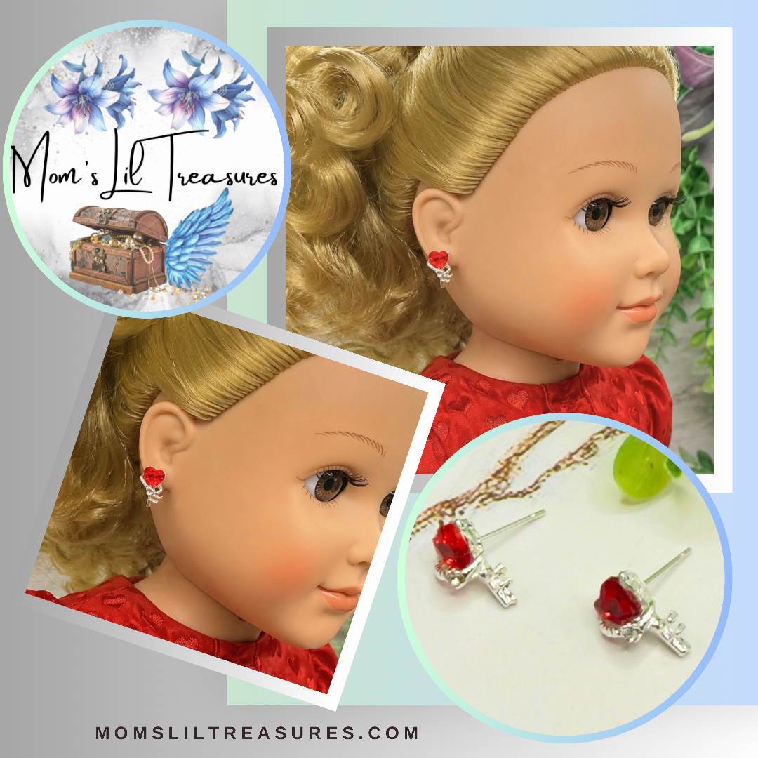 Red Rhinestone Heart Silver Key Design Post Doll Earrings • 18 Inch Fashion Doll Jewelry