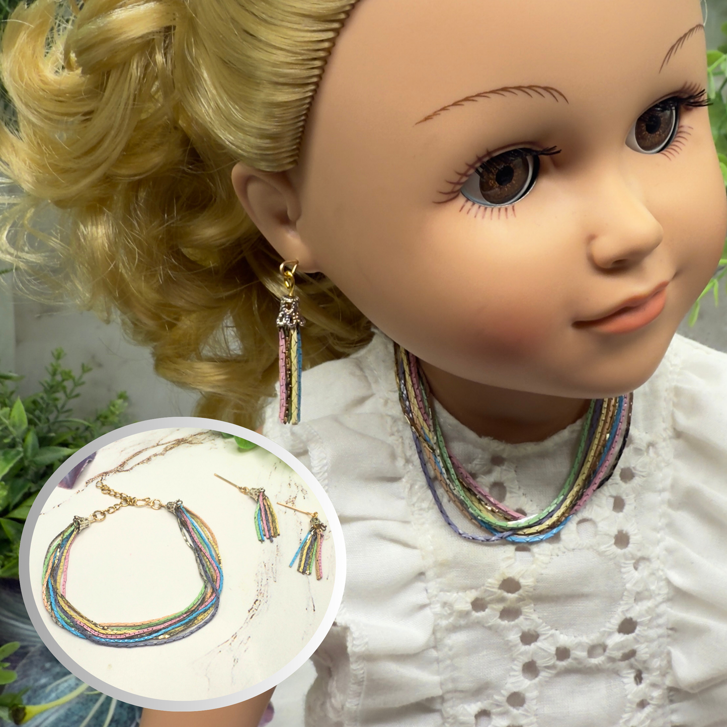 Multi Color Serpentine Chain Doll Necklace & Tassel Earrings • 18 Inch Fashion Doll Jewelry