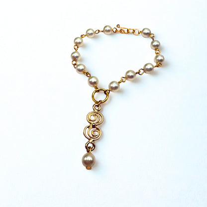 Pearl Gold Spiral Design Y-Style Doll Necklace • 18-22 Inch Fashion Vintage Doll Jewelry