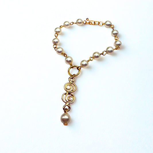 Pearl Gold Spiral Design Y-Style Doll Necklace • 18-22 Inch Fashion Vintage Doll Jewelry