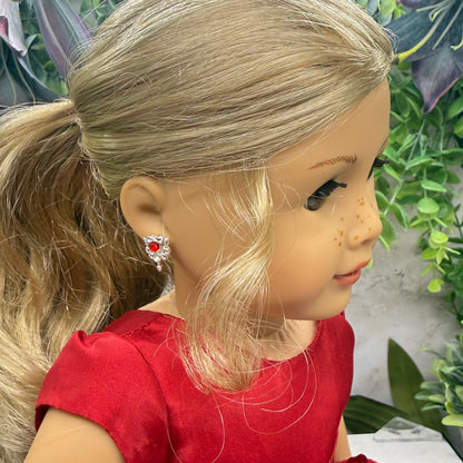 Red Rhinestone Heart Silver Wings Wand Design Post Doll Earrings • 18 Inch Fashion Doll Jewelry