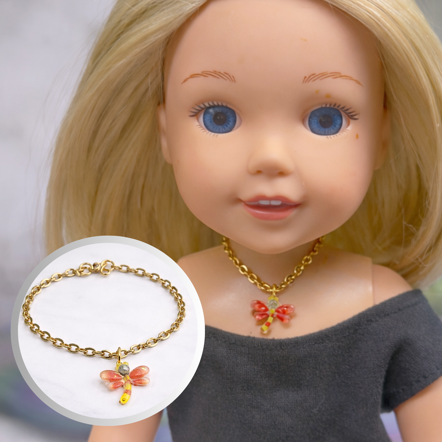 Yellow Orange Dragonfly Charm Gold Chain Doll Necklace • 14 Inch Fashion Doll Jewelry