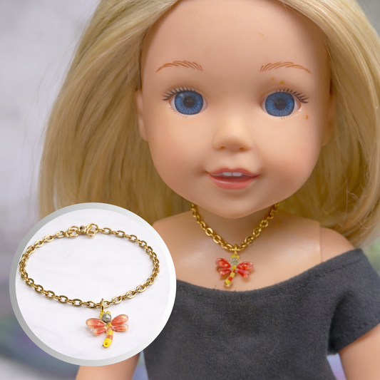 Yellow Orange Dragonfly Charm Gold Chain Doll Necklace • 14 Inch Fashion Doll Jewelry