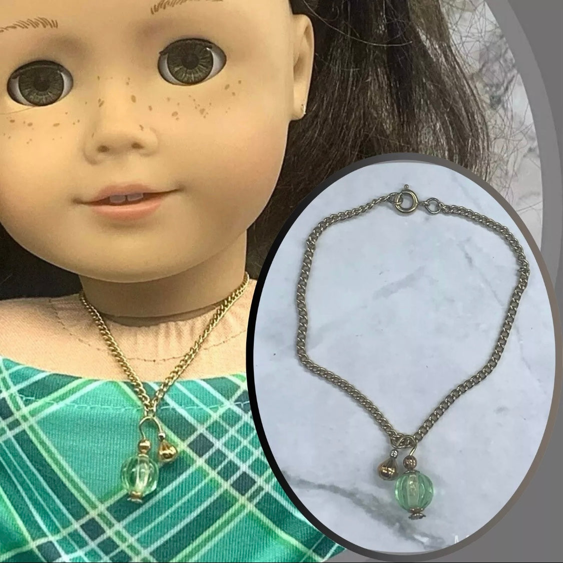 Green Perfume Bottle Look Pendant Doll Necklace • 18 inch Fashion Doll Jewelry