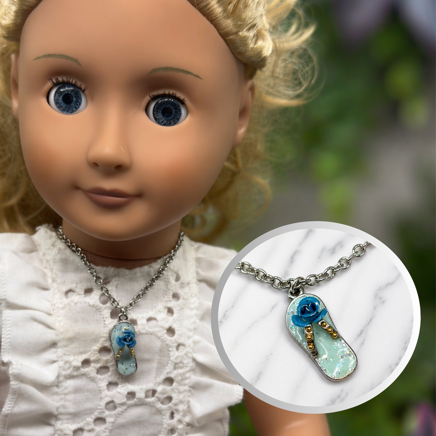 Blue Flip Flip Sandal Rose Accent Charm Silver Doll Necklace for 18 Inch Fashion Doll Jewelry
