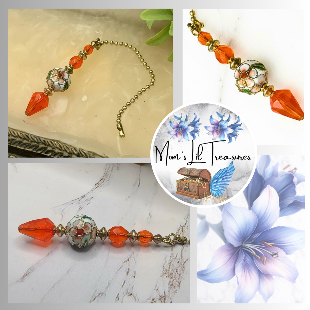 Decorative Orange Crystal Cloisonné Fan Pull • Light Chandelier Pull Chain