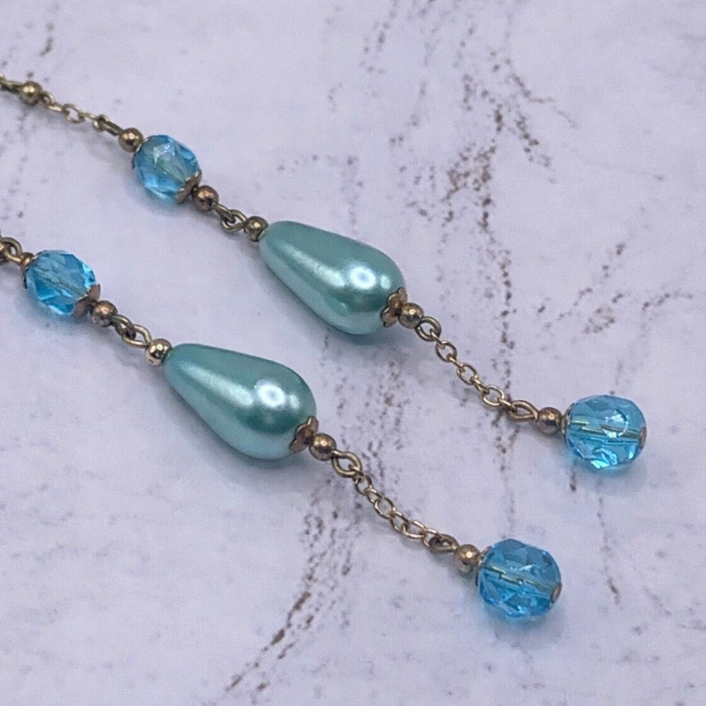 Handmade Duster Dangle Earrings -  Turquoise Crystal Faux Pearl Gold Tone Chain