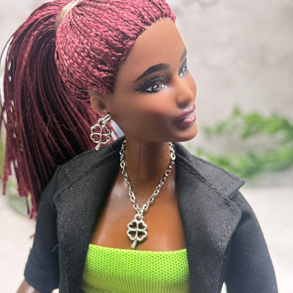 Silver Clover Shamrock Charm Doll Necklace & Earrings • 10-12 Inch Fashion Doll Jewelry 1:6