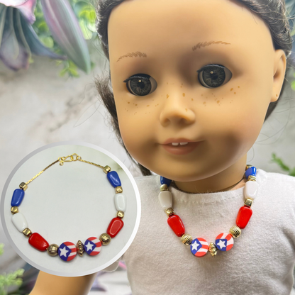 Red White Blue Beaded Flag Charm Doll Necklace for 18 Inch Fashion Doll
