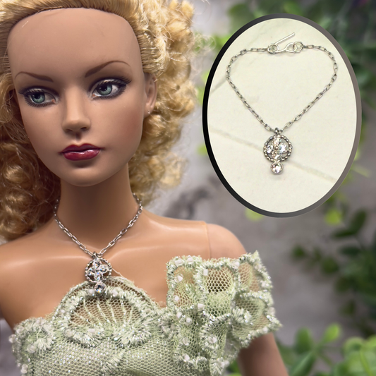 Rhinestone Round Drop Pendant Silver Chain Doll Necklace • 16” Doll Jewelry