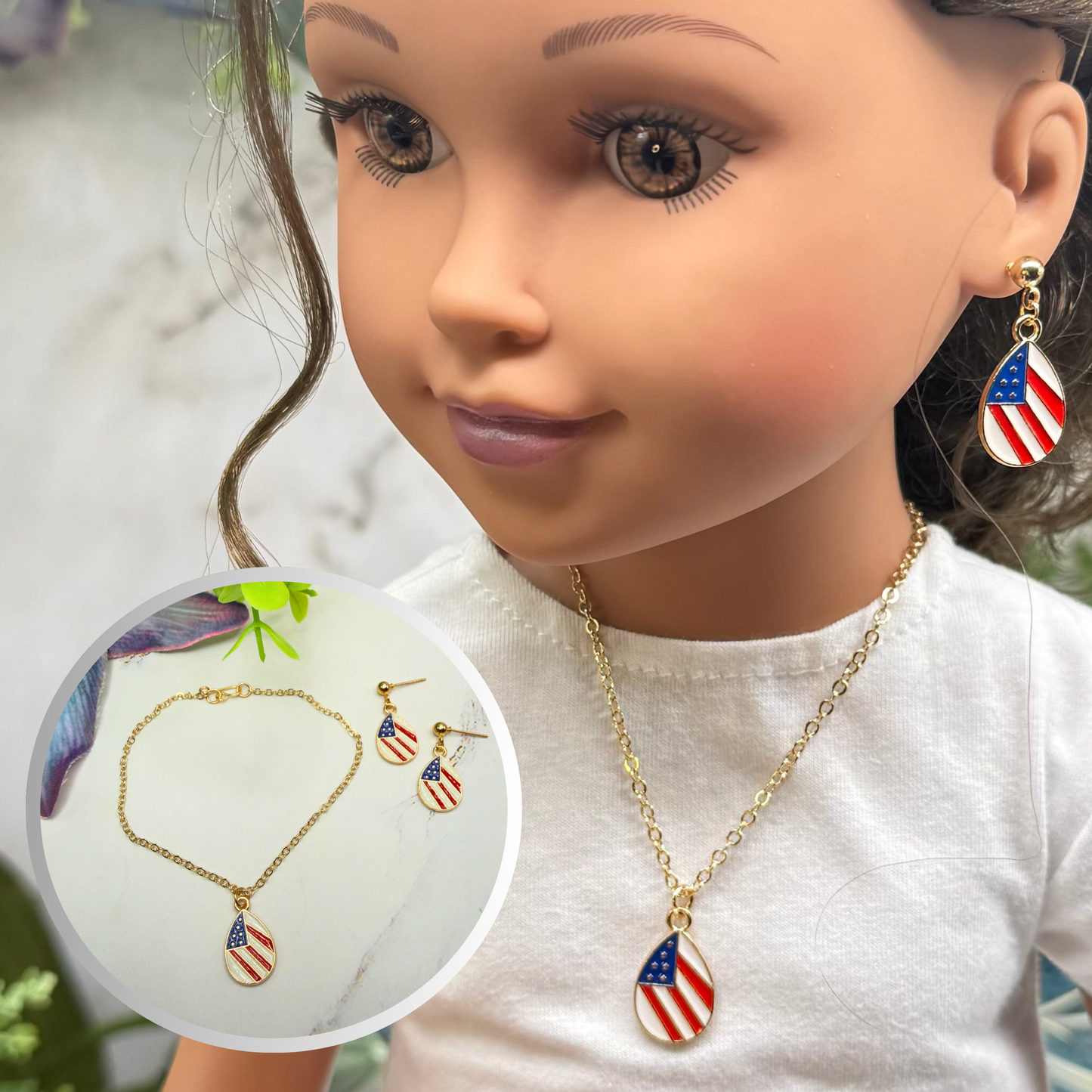 Red White Blue Teardrop Flag Patriotic Gold Doll Necklace & Earrings Set for 18 Inch Fashion Doll