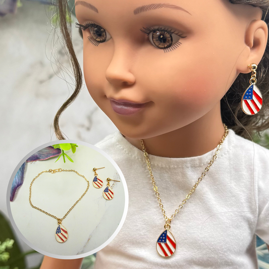 Red White Blue Teardrop Flag Patriotic Gold Doll Necklace & Earrings Set for 18 Inch Fashion Doll