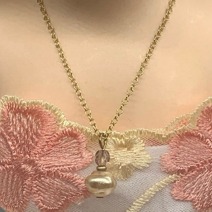 Pearl Pink Crystal Pendant Doll Necklace Earring Set for 18-22 Inch Vintage Doll
