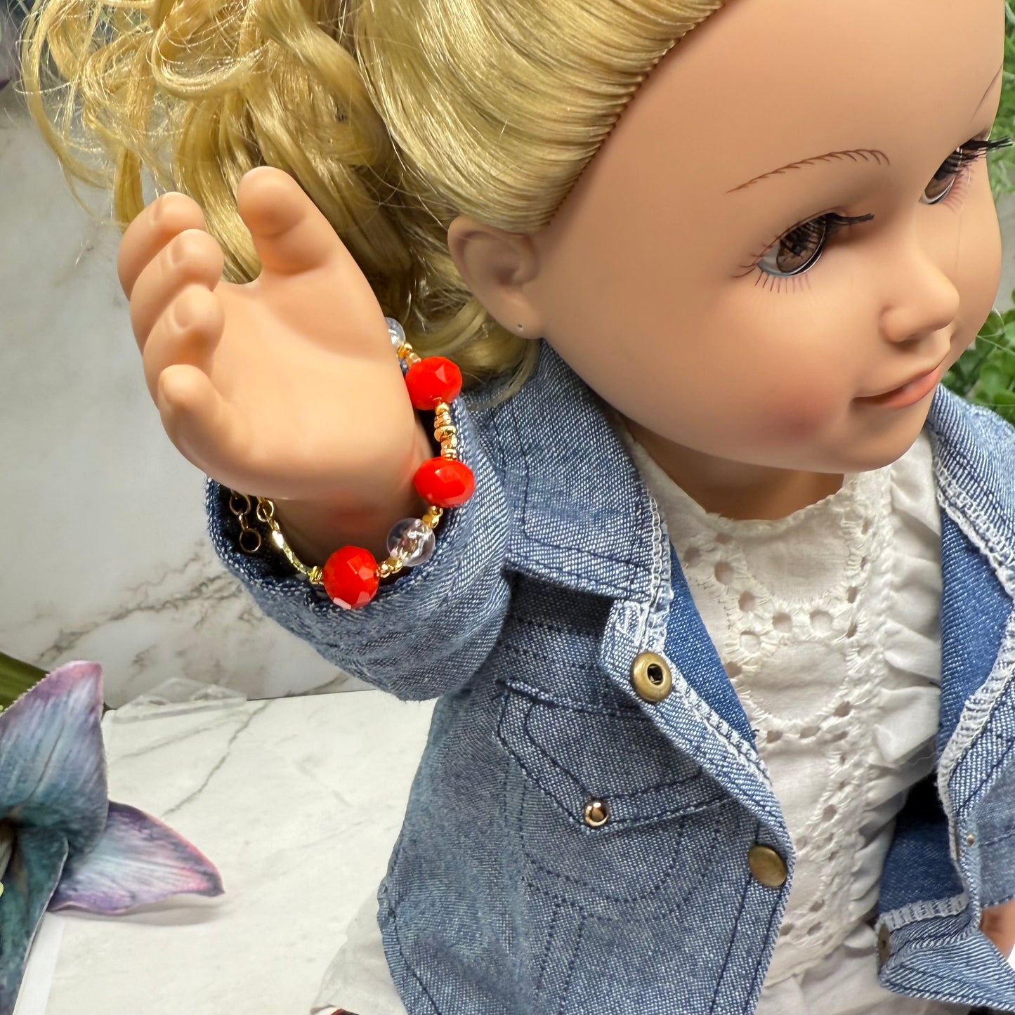 Red Clear Acrylic Crystal Bead Gold Doll Bracelet • 18 Inch Fashion Doll Jewelry
