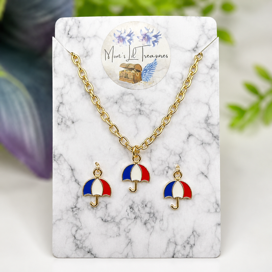 Red White Blue Patriotic Umbrella Charm Doll Necklace & Earrings for 18 Inch Fashion Doll