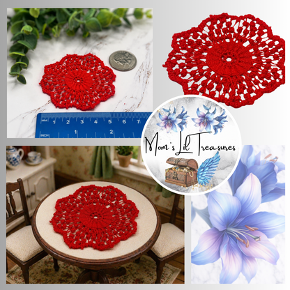 Red Crochet Fabric Round Tablecloth Doily • Dollhouse Decor Miniatures