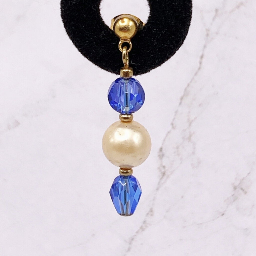 Pearl & Blue Crystal Drop Dangle Earrings - Gold Tone posts -  Handmade