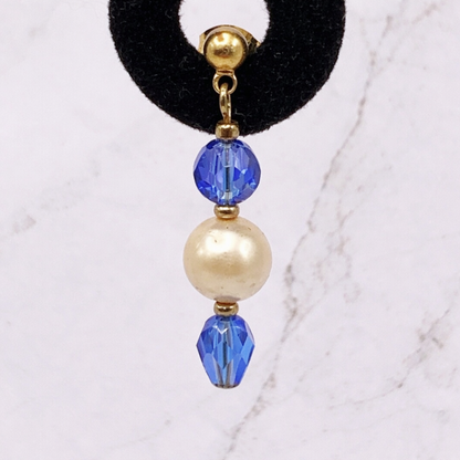Pearl & Blue Crystal Drop Dangle Earrings - Gold Tone posts -  Handmade