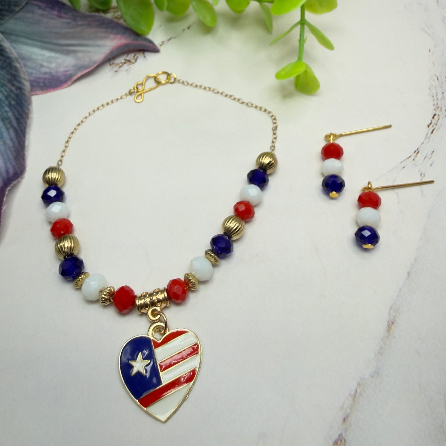 Red White Blue Beaded Heart Charm American Flag Doll Necklace & Earrings for 18 Inch Fashion Doll