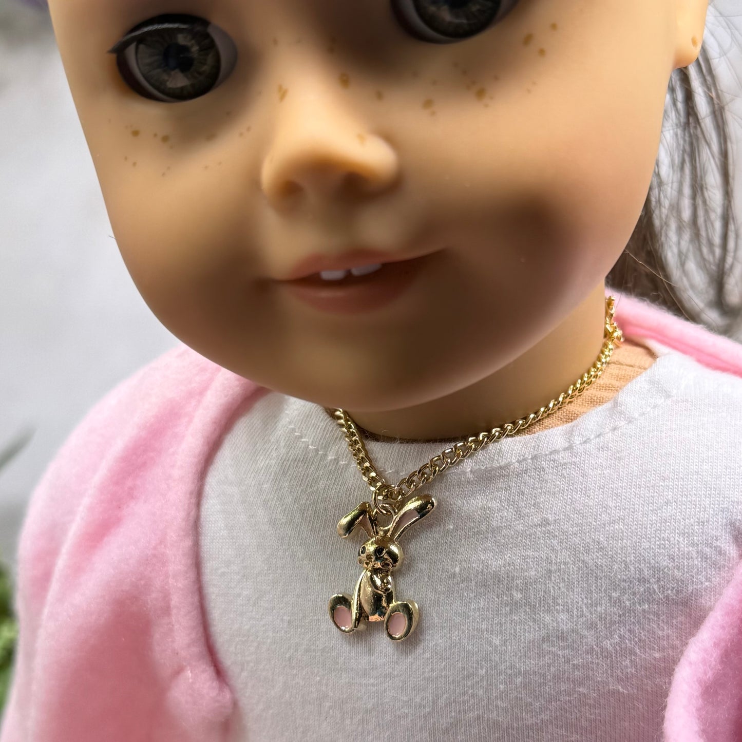 Gold Floppy Ear Bunny Light Pink Enamel Accent Charm Doll Necklace • 18 Inch Fashion Doll Jewelry