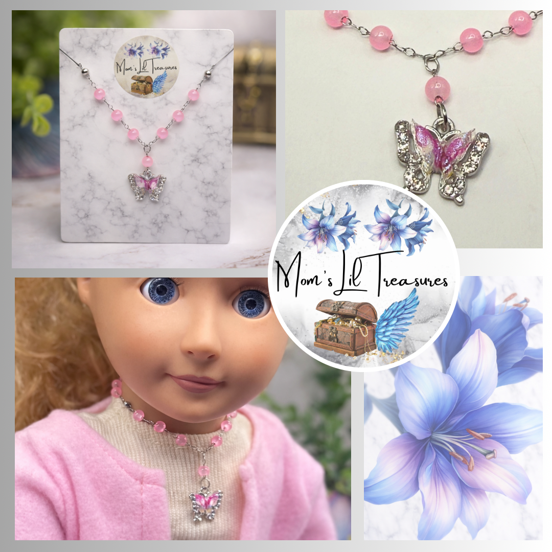 Translucent Pink Bead Butterfly Charm Doll Necklace • 18 Inch Fashion Doll Jewelry