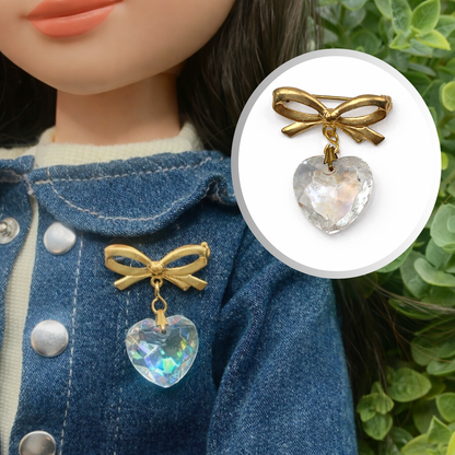 Clear Glass Heart Pendant Gold Tone Bow Pin • Doll Brooch