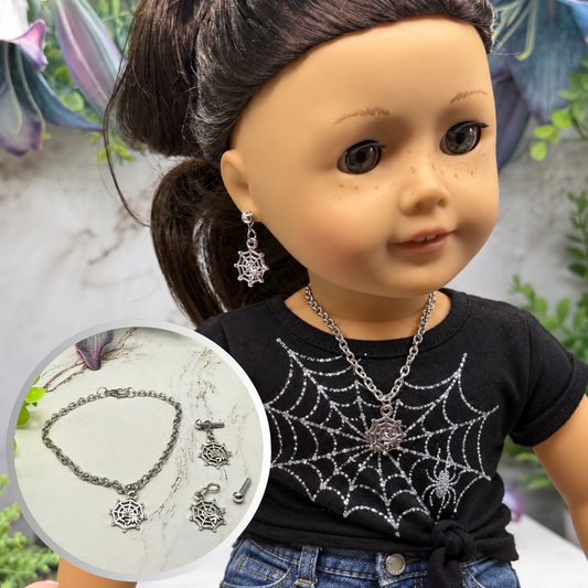 Halloween Silver Spider Web Necklace and 2mm Post Earrings Set | for 18 Inch Dolls • American Girl