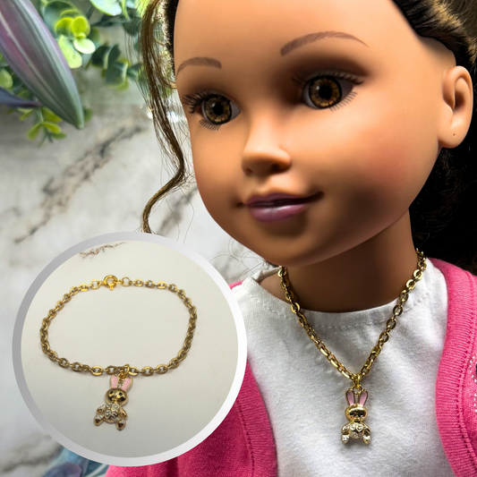 Bunny Pink & White Enamel Detail Charm Doll Necklace - Easter • 18 Inch Fashion Doll Jewelry