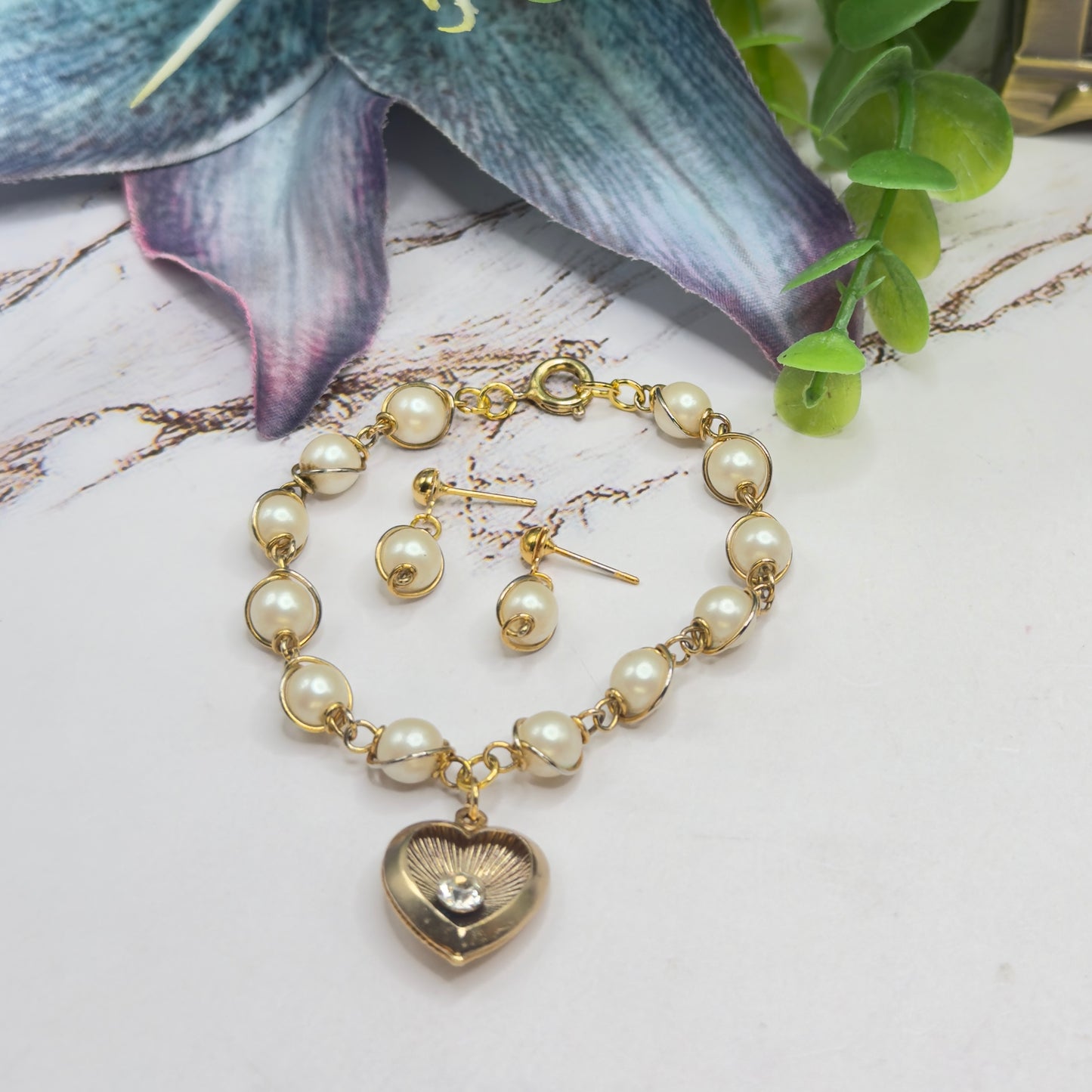Gold Heart Rhinestone Accent Charm Pearl Link Doll Necklace & Earrings • 18 Inch Fashion Doll Jewelry