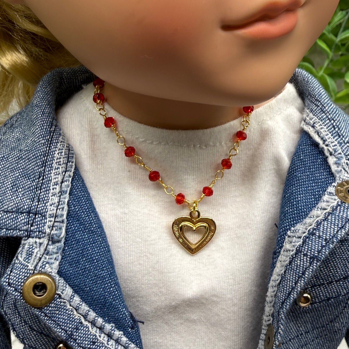 Red Crystal Beaded Link Chain Gold Heart Charm Doll Necklace • 18 Inch Fashion Doll Jewelry