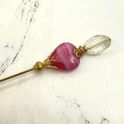 Pink Swirl Design Glass Heart Clear Leaf Top Gold Filigree - 6 Inch • Hatpin - Stick Pin