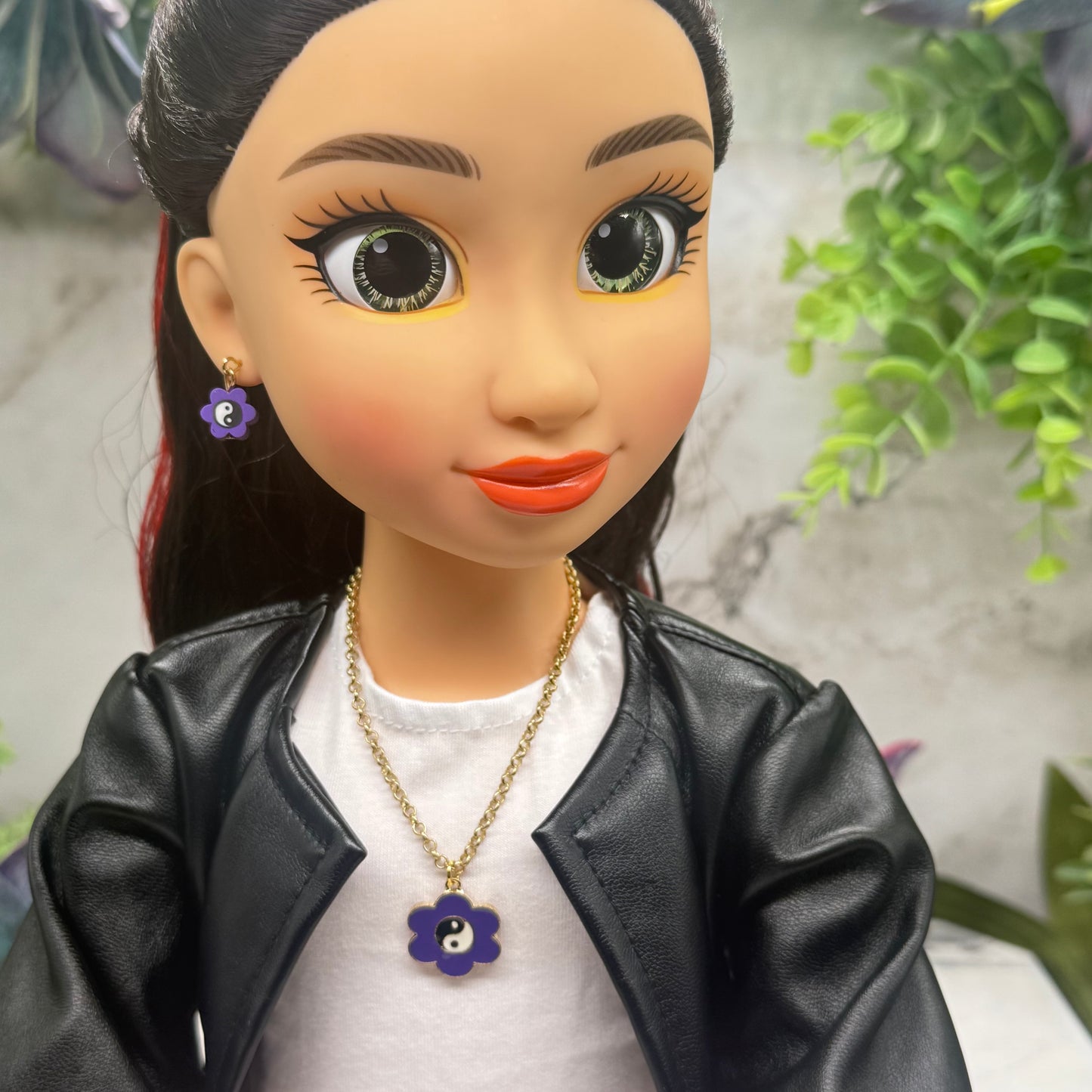 Yin-Yang Purple Flower Charm Doll Necklace &  Earrings • 18 Inch Fashion Doll Jewelry