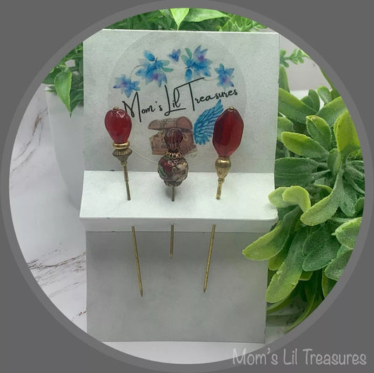 Red Glass Cloisonné Set of 3 • Stick Pins, Hatpins, Sewing pins, Gifts for Her