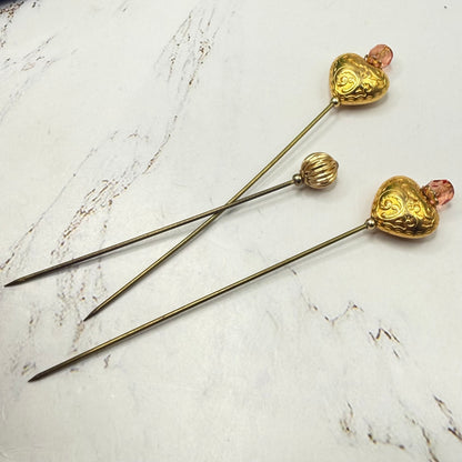 Set of 3 Stick Pins: Gold Tone Puffy Heart Floral Design Pink Glass Crystal Accent - Ribbed Design Small Round