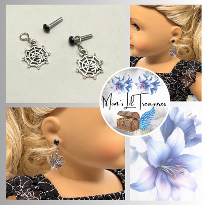 Silver Spider Web Halloween Dangle Black Rhinestone 2mm Post Doll Earrings • fits 18 Inch Doll • American Girl
