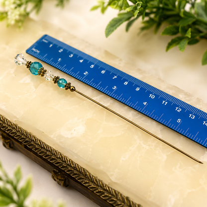 Turquoise Blue & Clear Crystal - Gold Tone Findings- 6” Pin • Hatpin - Stick Pin