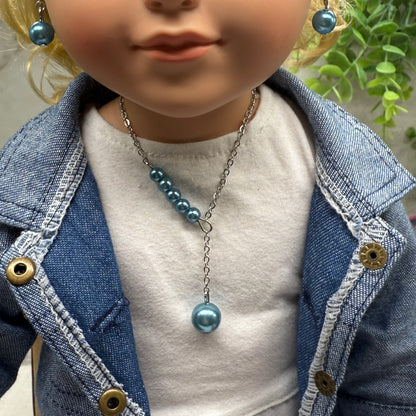 Turquoise Dusty Blue Pearl Drop Necklace & Earrings Set • 18 Inch Fashion Doll Jewelry