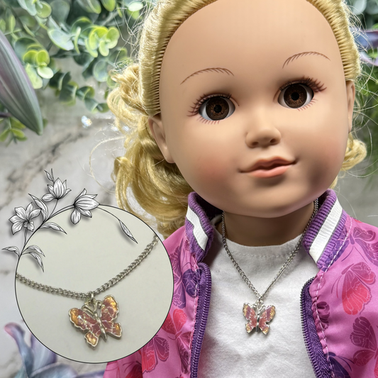 Mauve Pink Purple Orange Glitter Enamel Butterfly Silver Doll Necklace • 18 Inch Fashion Doll Jewelry