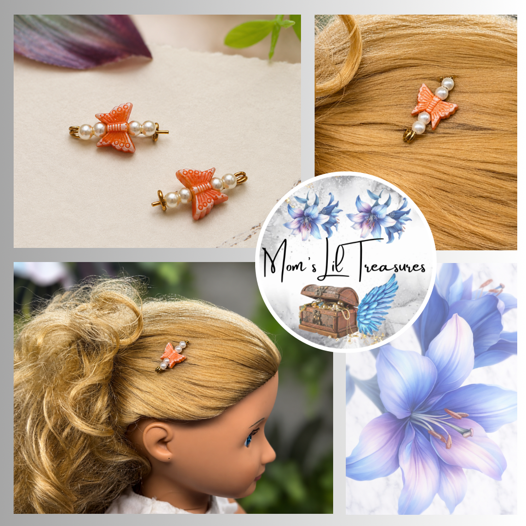 Orange & Pearl Beaded Butterfly Doll Hair Barrettes 14-18” Fashion Dolls • Doll Hair Accessories