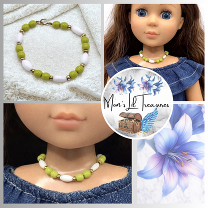Green White Beaded Necklace for 14” Doll fits Wellie Wisher Doll