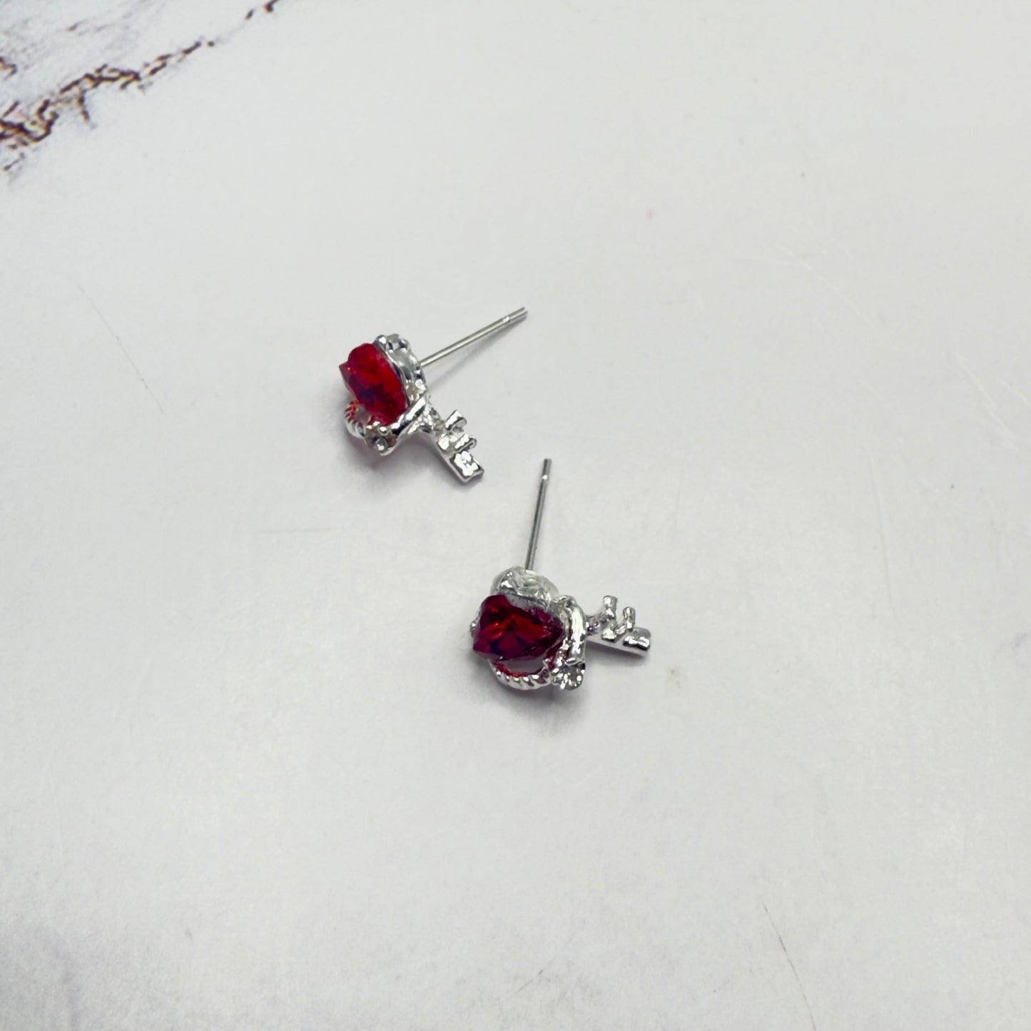 Red Rhinestone Heart Silver Key Design Post Doll Earrings • 18 Inch Fashion Doll Jewelry