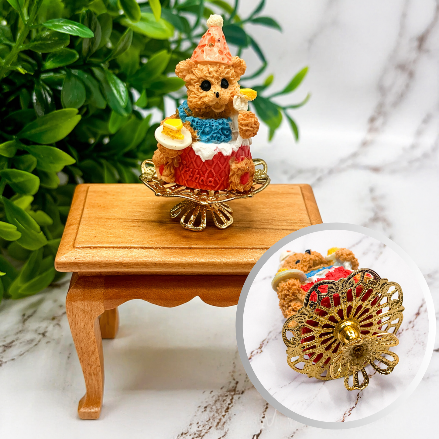 Dollhouse Miniatures • Teddy Bear Birthday Cake On Pedestal Platter